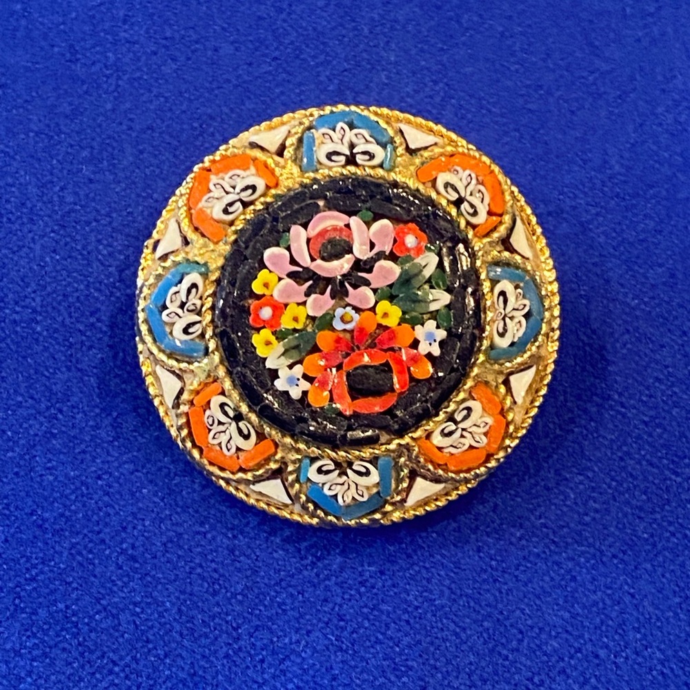 Vintage Micro Mosaic Floral Enamel Brooch - Multicolor